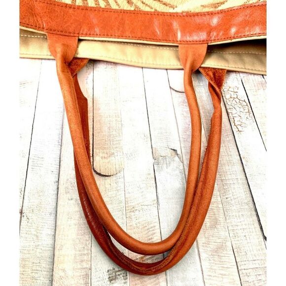 XL RAINIER CLUB BEIGE TAPESTRY BROWN GENUINE LEATHER HANDBAG TOTE SHOULDER BAG - Picture 9 of 11
